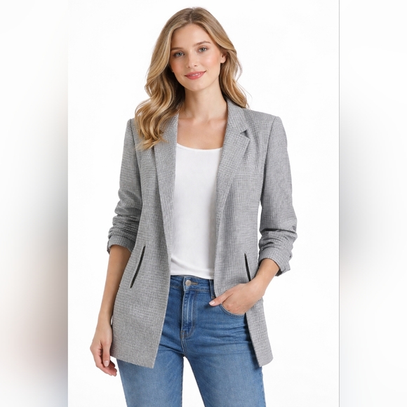 Rachel Zoe Jackets & Blazers - Rachel Zoe Retro Mid-Length Plaid Open Front Blazer Size Med Ruched Sleeve 80's